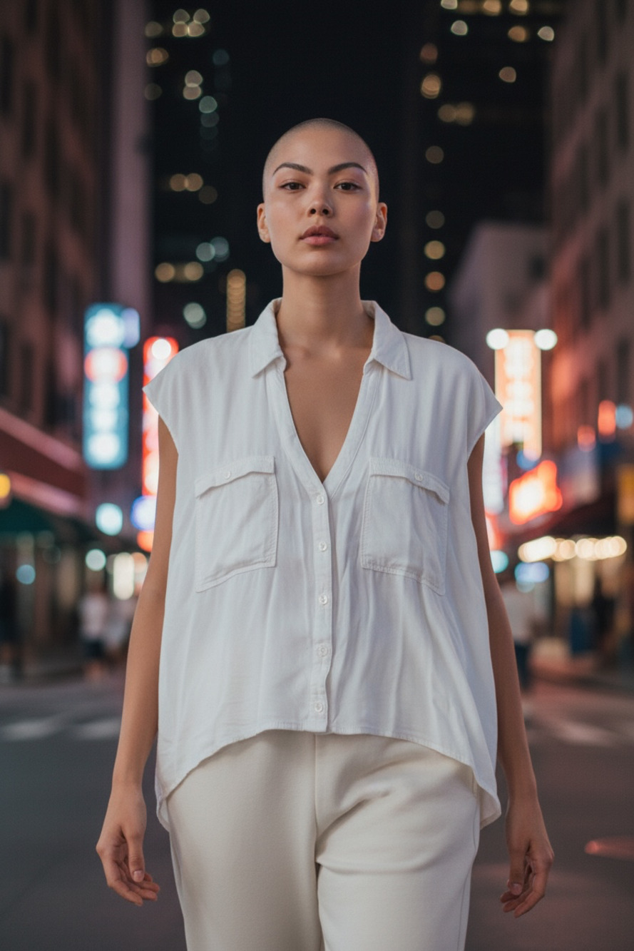 G by GUESS Women's White Sleeveless Button-Up Utility Shirt with Chest Pockets